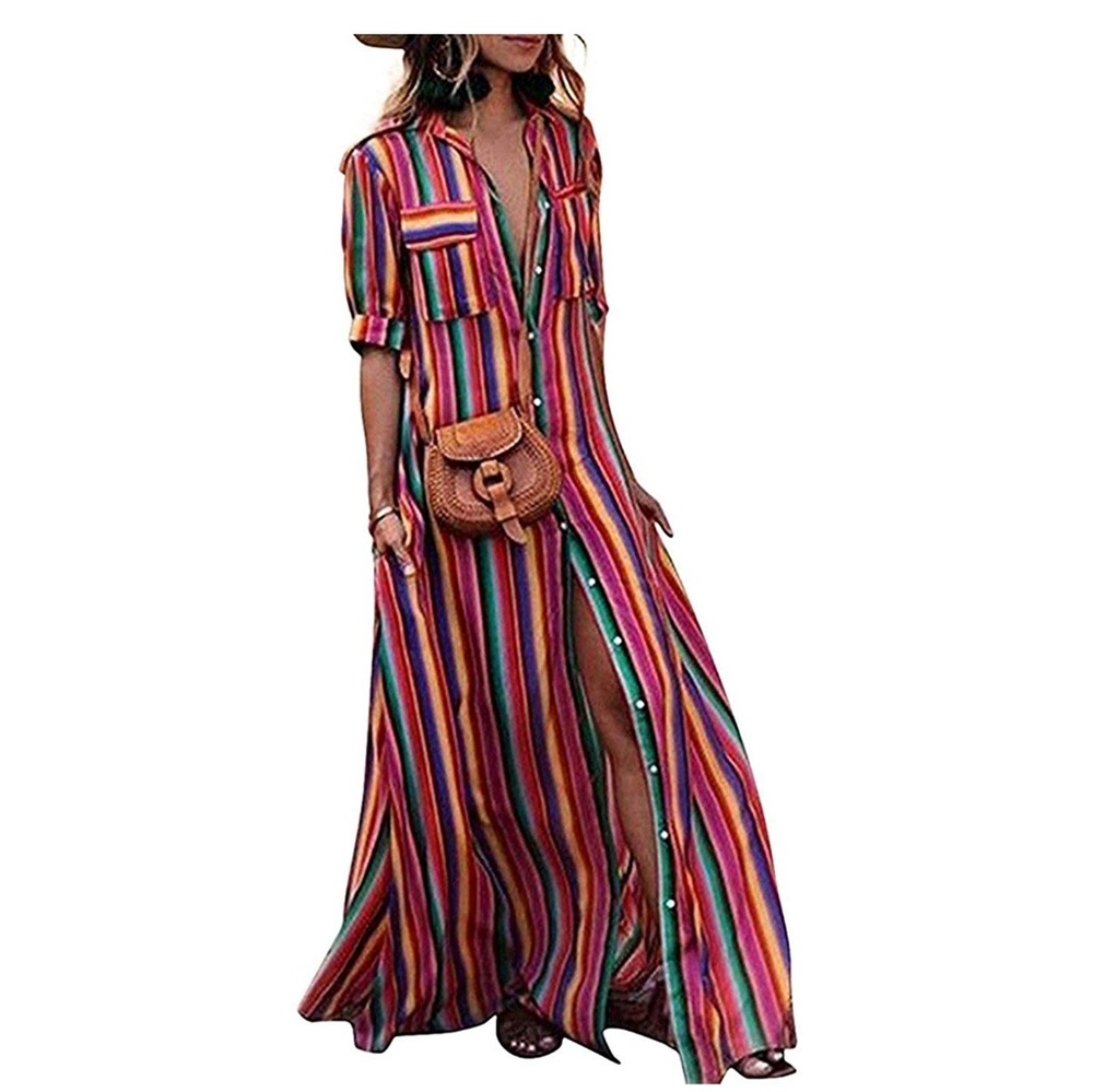 Women's rainbow loose button down striped maxi